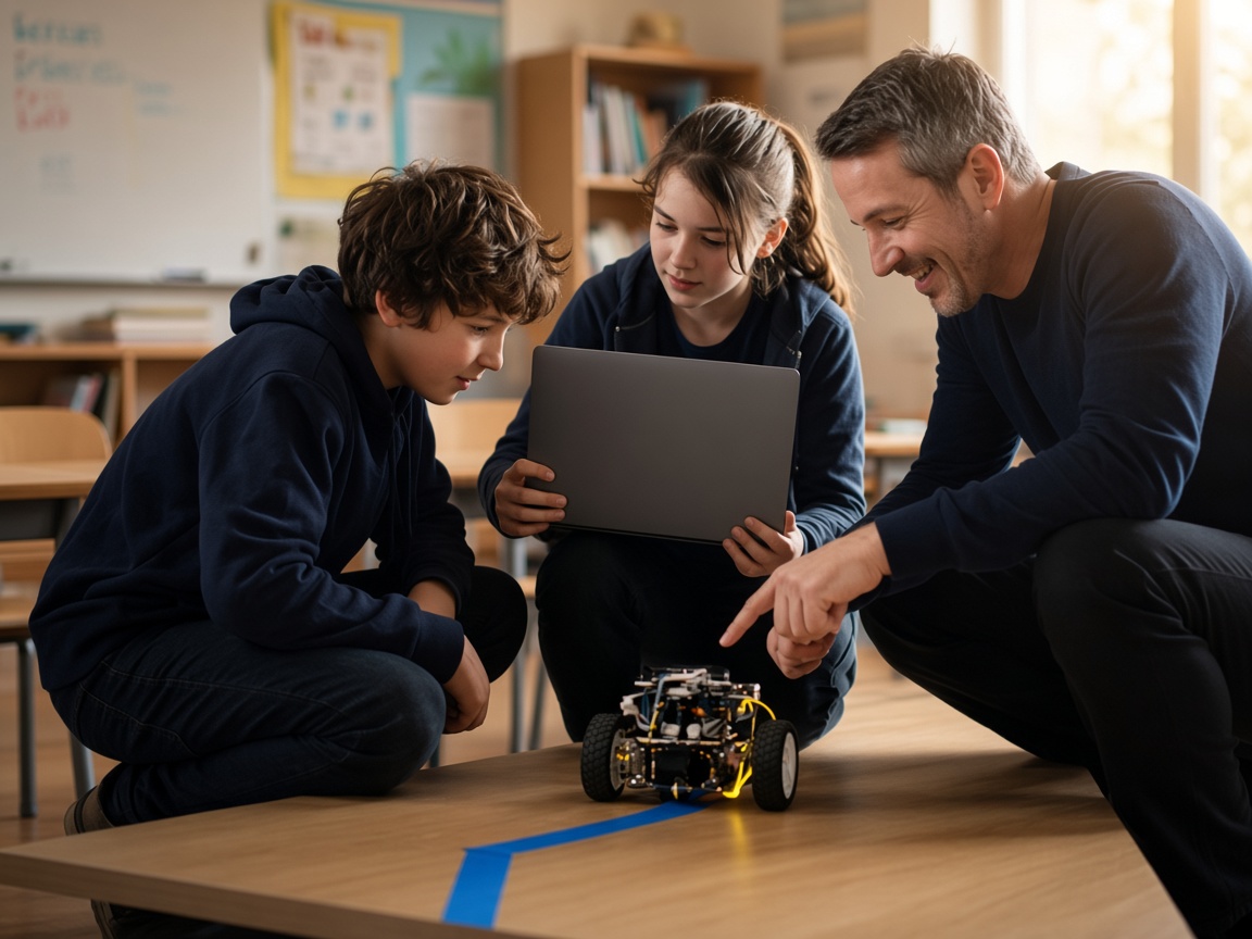 Two middle-school students watch the robot they programmed follow a tape line while their instructor points it out.