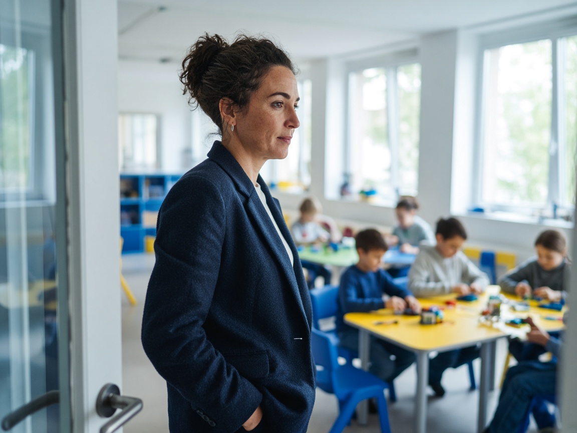A business owner stands in the doorway of a bright kids' STEM learning center while children build robots inside.