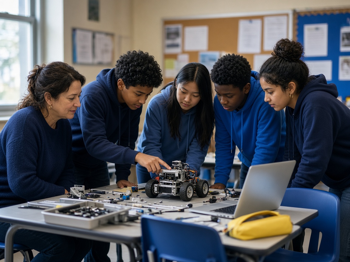 A teacher kneels beside four middle-school students building a robot at a classroom table.