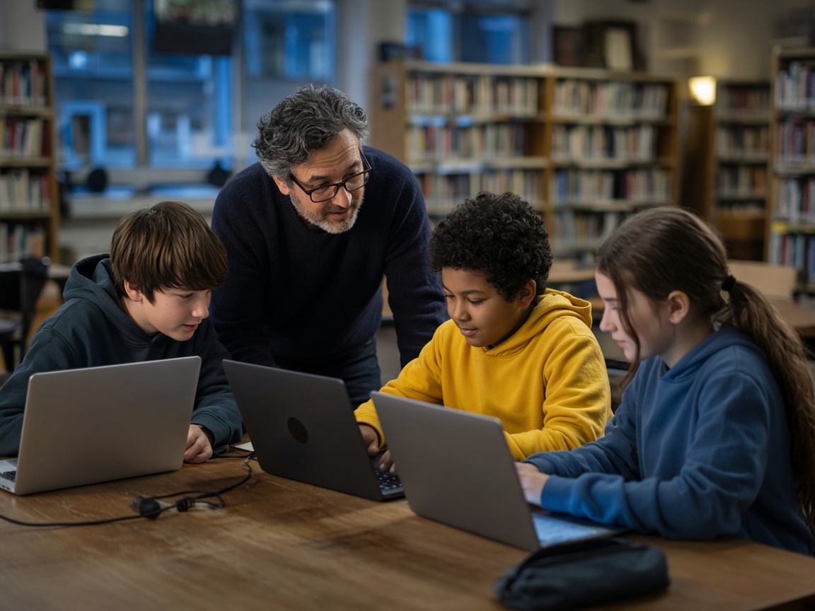 A volunteer mentor helps three kids code on laptops in a library community room.