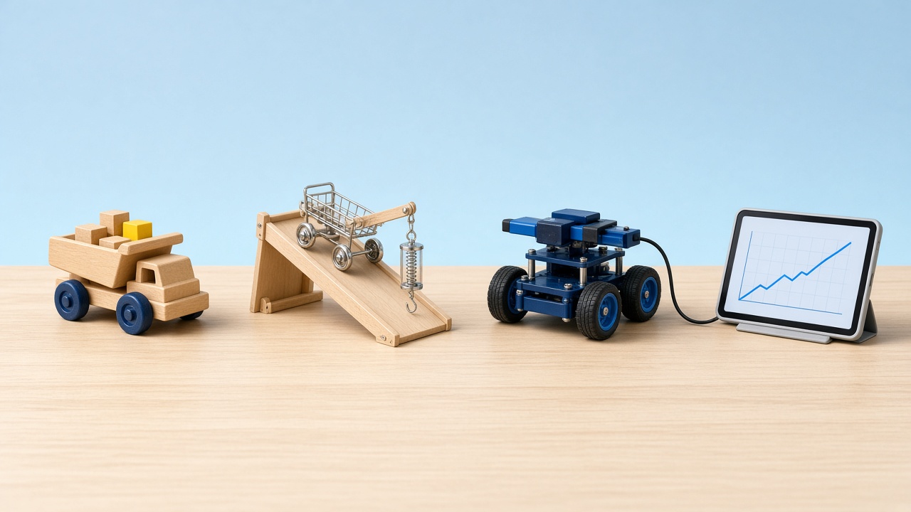 One force-and-motion project at three levels: a wooden toy truck loaded with blocks, a cart on a ramp with a spring scale, and a small robot with a force sensor wired to a tablet.