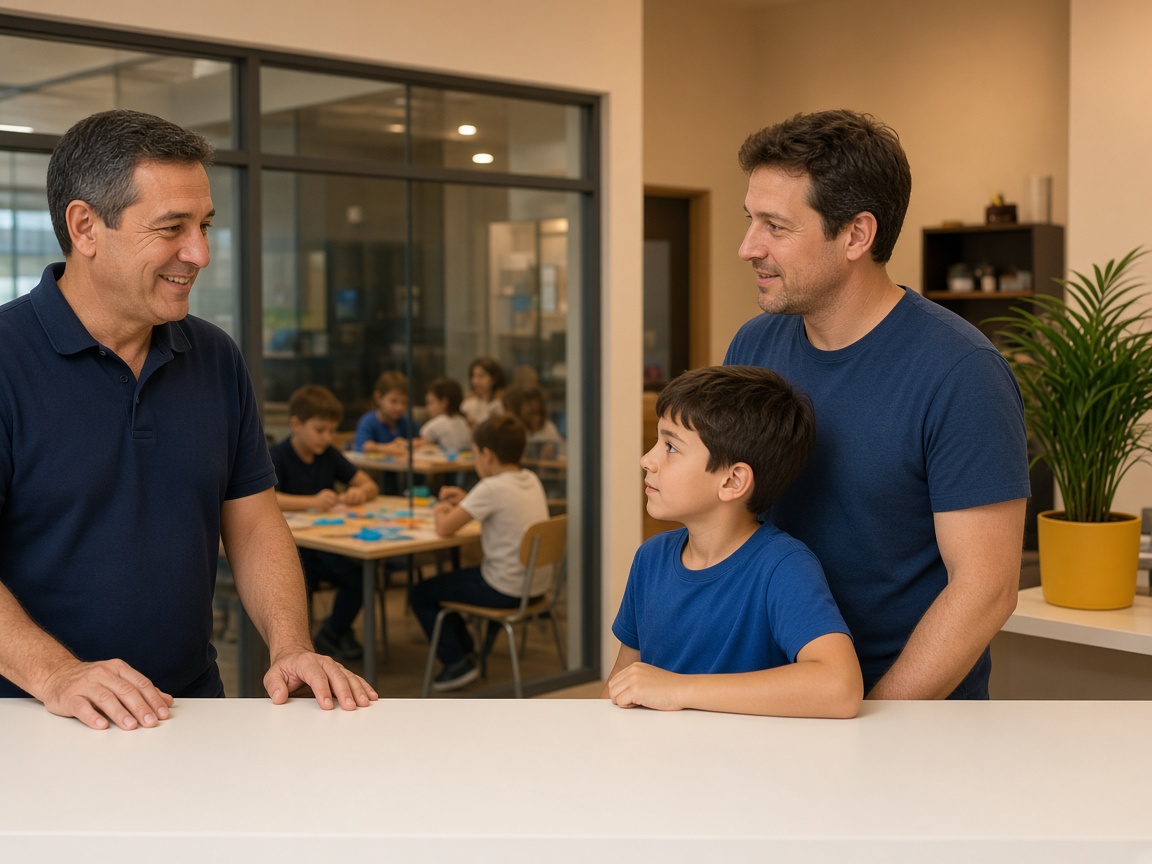 The owner of a kids' STEM learning center welcomes a parent and child at the front desk while a class works on projects behind a glass wall.