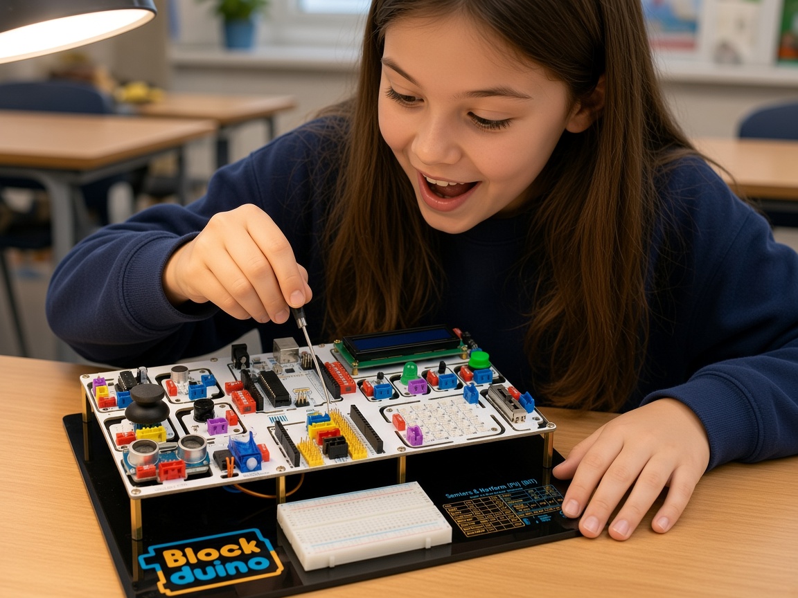 A girl lights up with excitement as she works on an electronics kit with a small screwdriver.