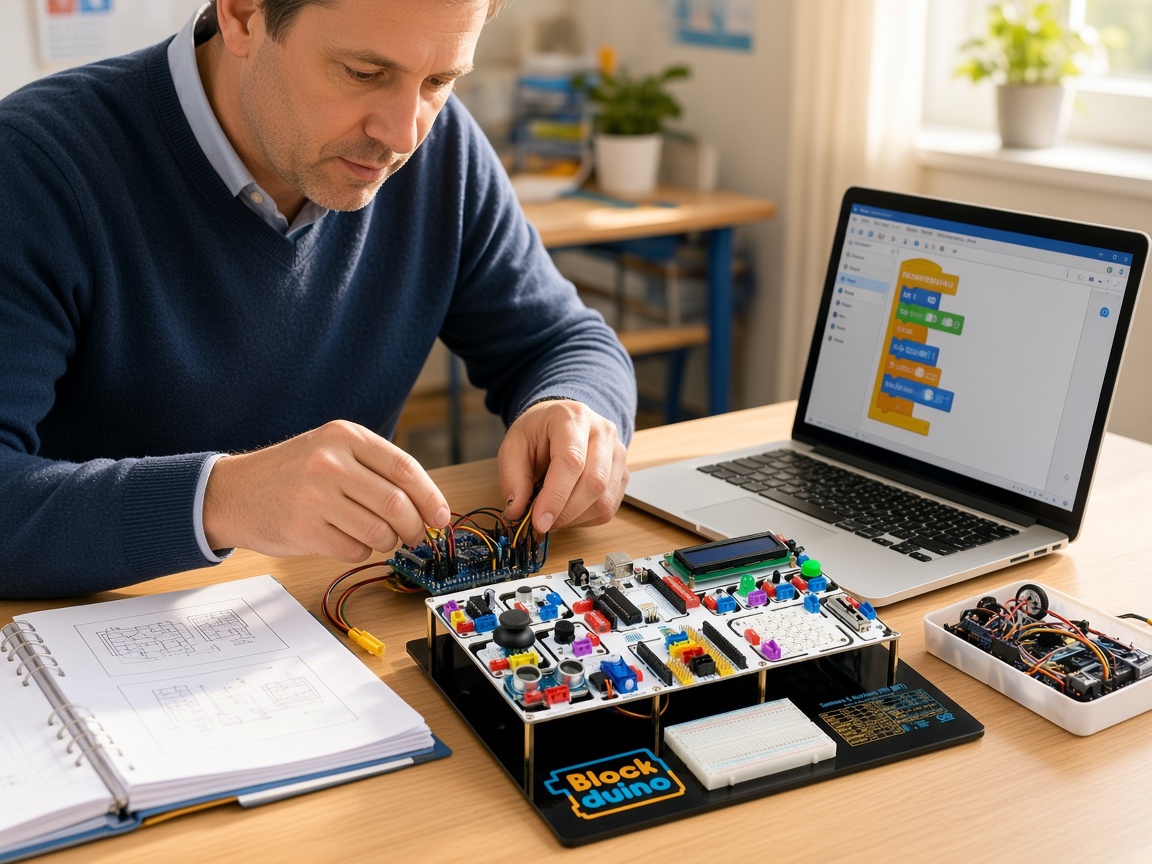 A teacher prepares a robotics lesson with a lesson-plan binder, a tray of robot parts and a laptop.