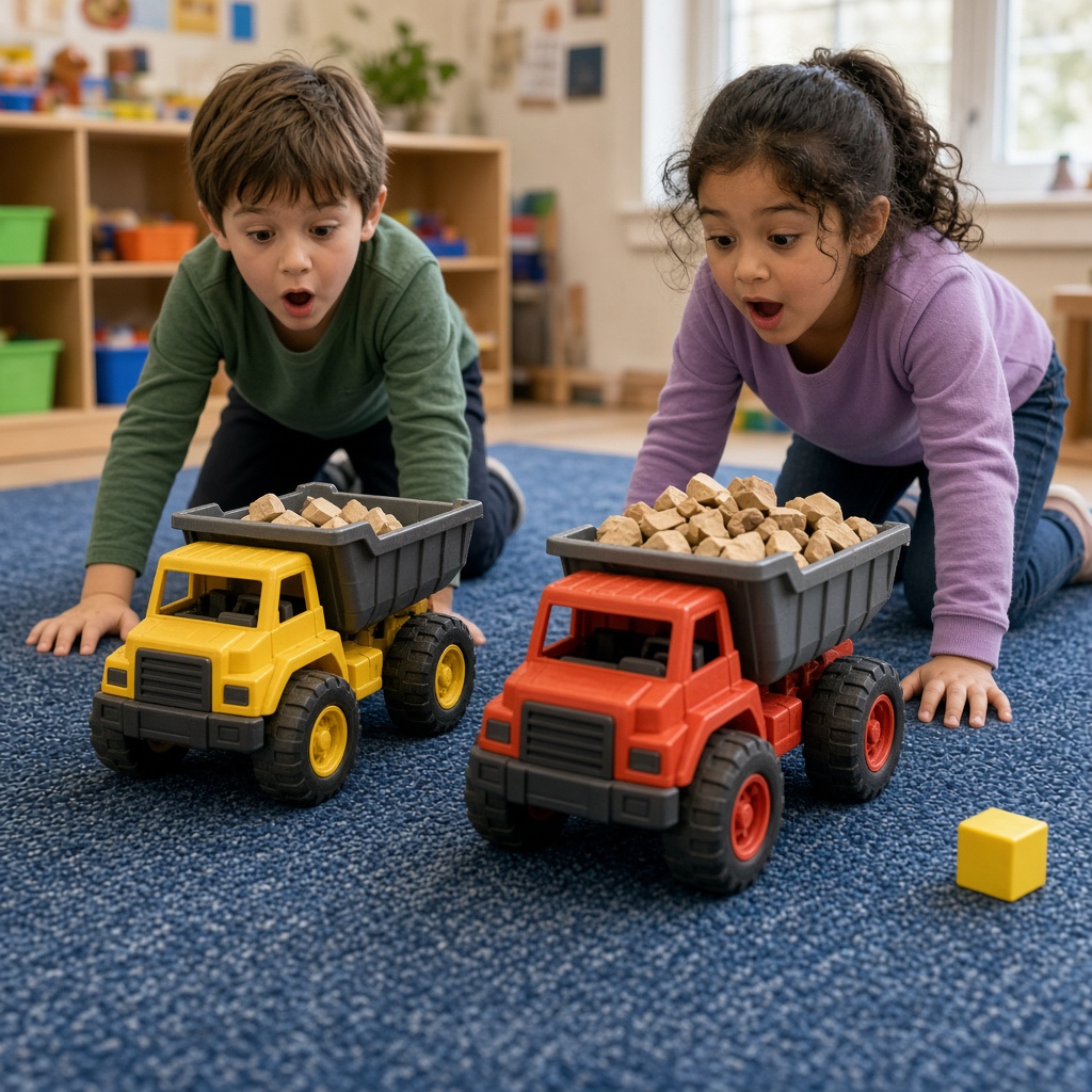 Two young children push a lightly loaded and a heavily loaded toy truck across a rug.