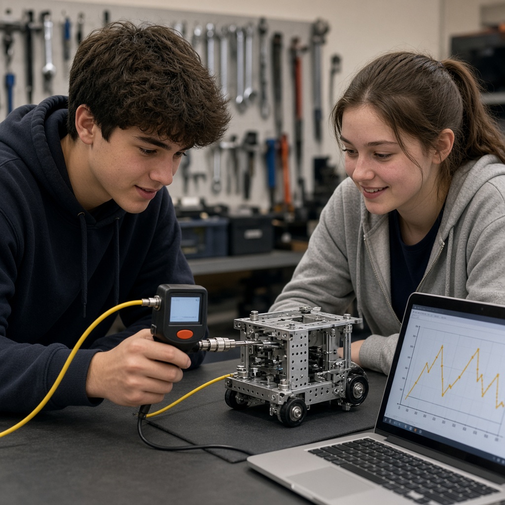 High-school students measure a robot's pushing force with a sensor connected to a laptop.