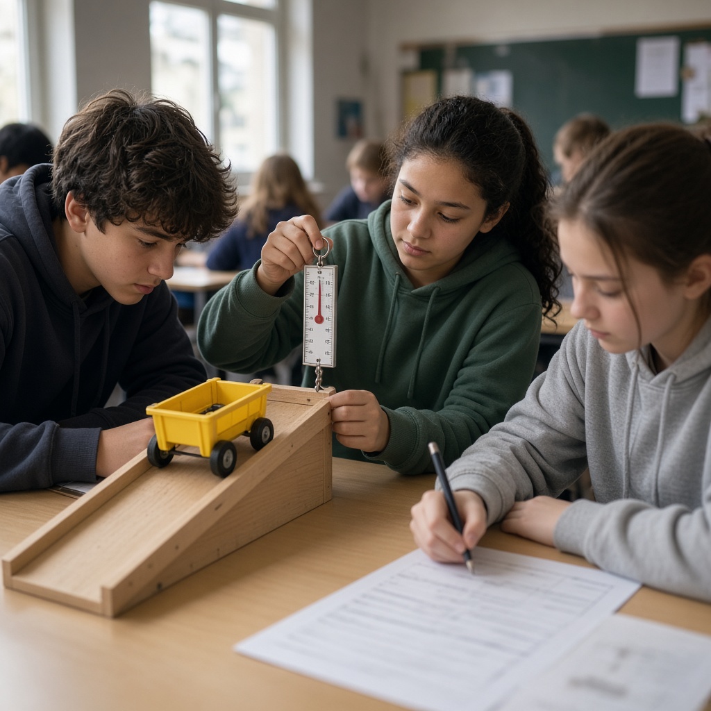 Middle-school students measure a cart on a ramp with a spring scale and record results.