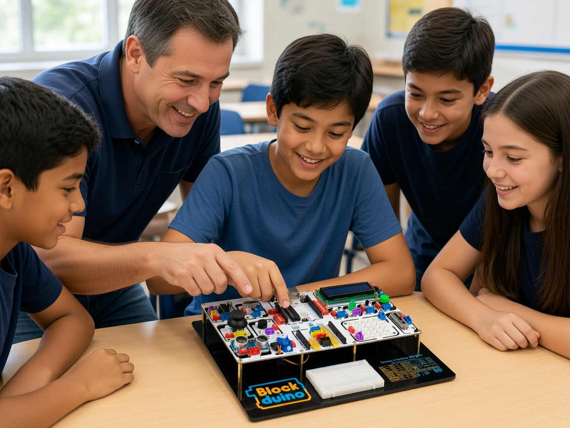 A teacher smiles as a student shows her the robot their group built during an after-school STEM program.