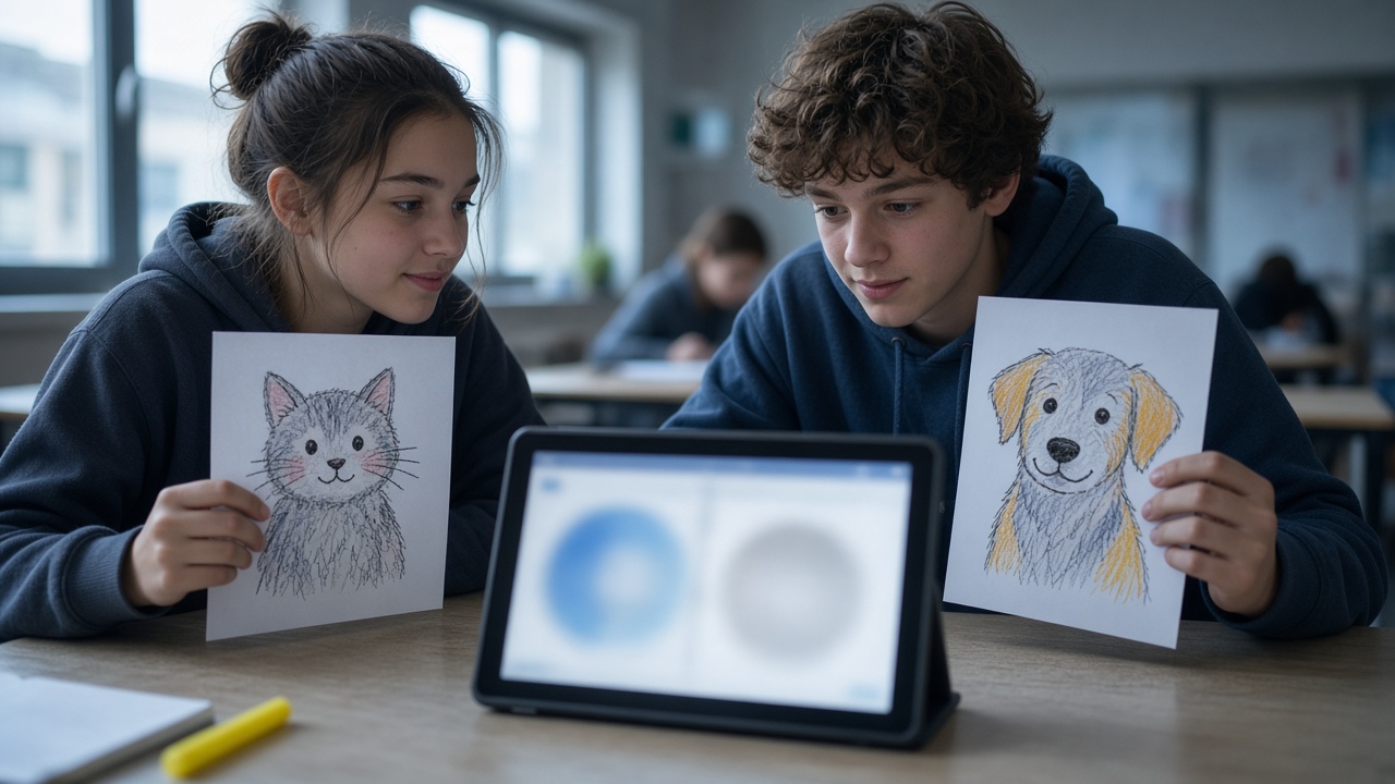 Two students hold up hand-drawn picture cards to a tablet camera to train an image classifier.