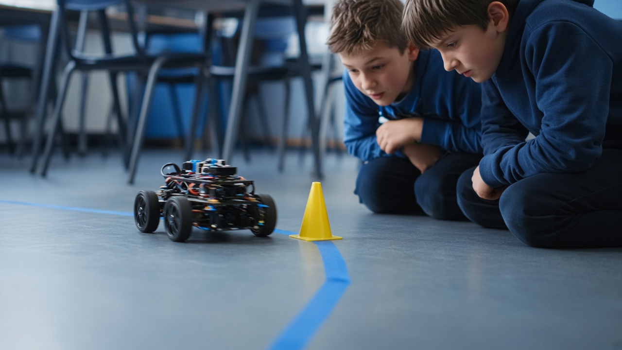 Two kids crouch to watch a small robot follow a tape course on the classroom floor.