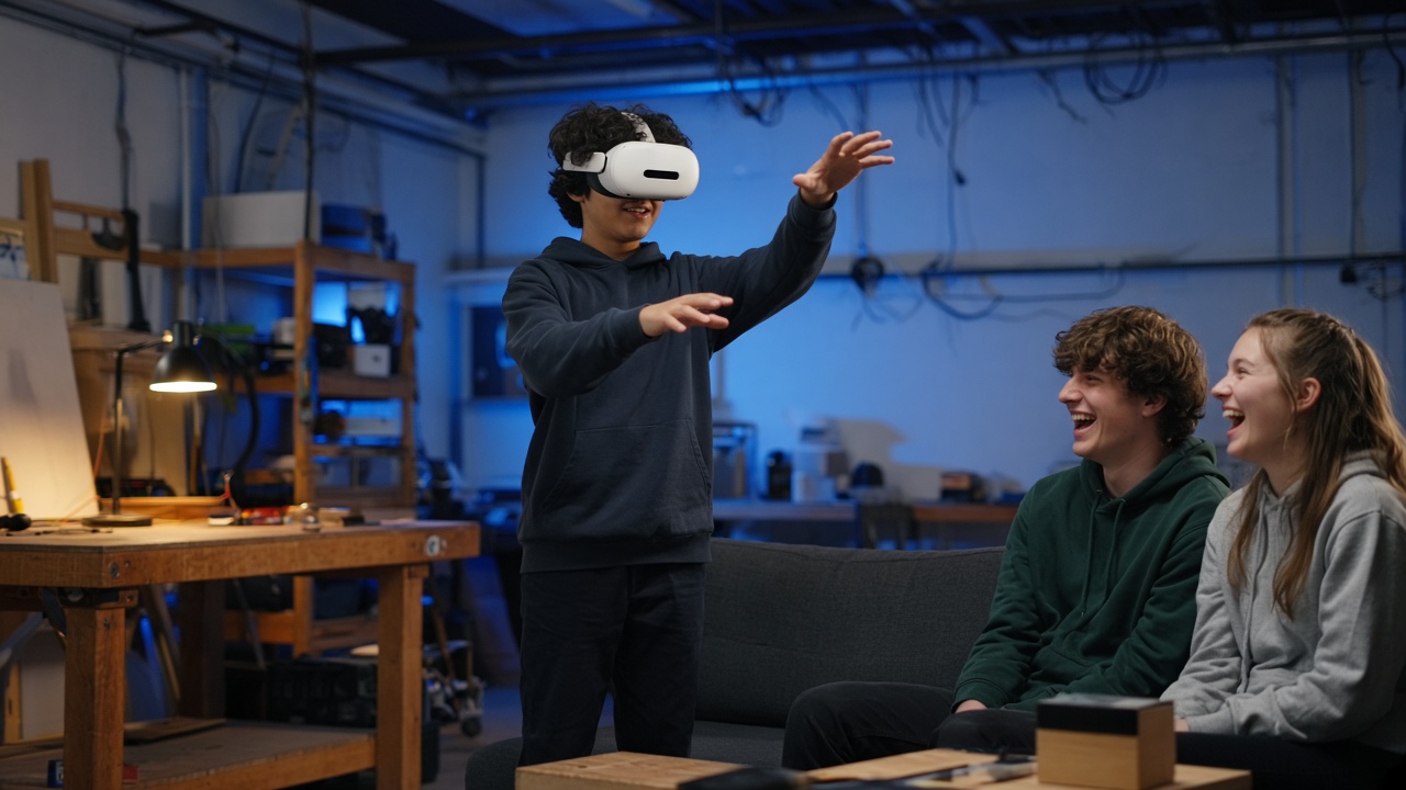 A teenager wearing a VR headset shapes a virtual world while two classmates watch and laugh.